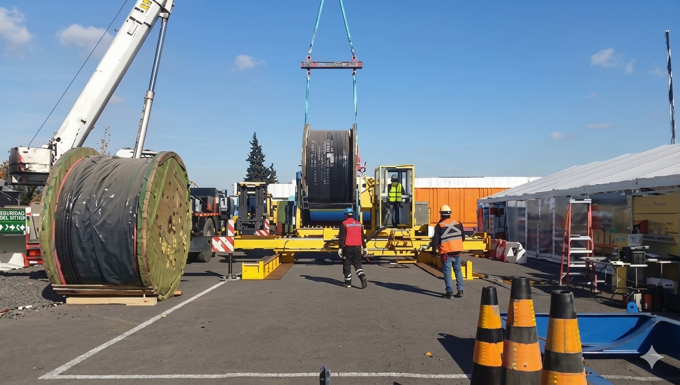 Movimiento mediante grúa de carretes de madera con cableado eléctrico
